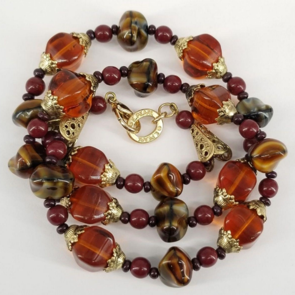 Erwin Pearl Amber /Orange Glass Beaded Rare Vintage Signed Necklace